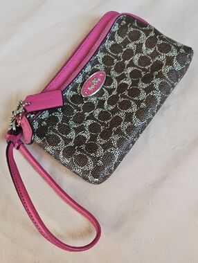 Coach Brown And Pink Signature Canvas Wristlet